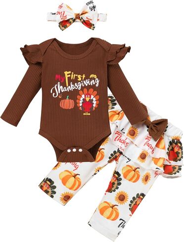Crazyme Newborn Baby Girl Clothes My First Thanksgiving Outfits Toddler Girl Long Sleeve Ruffle Romper Pants Set in Saudi Arabia