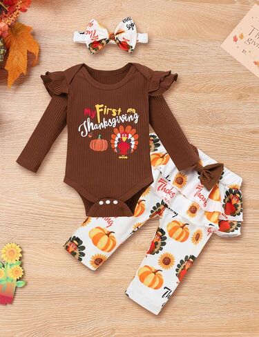 Crazyme Newborn Baby Girl Clothes My First Thanksgiving Outfits Toddler Girl Long Sleeve Ruffle Romper Pants Set in Saudi Arabia