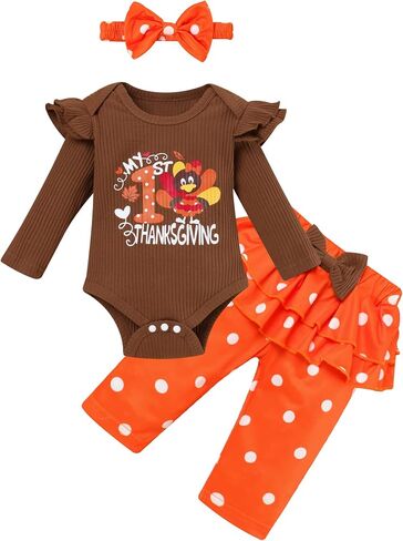 Crazyme Newborn Baby Girl Clothes My First Thanksgiving Outfits Toddler Girl Long Sleeve Ruffle Romper Pants Set in Saudi Arabia