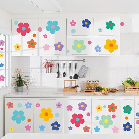 48 Pieces Flower Wall Decals, Vinyl Peel and Stick Boho Colorful Flowers Wall Stickers for Kids Playroom Bedroom Living Room Nursery Wall Decor in Kuwait