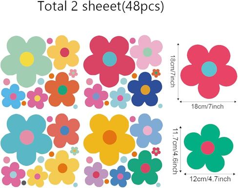 48 Pieces Flower Wall Decals, Vinyl Peel and Stick Boho Colorful Flowers Wall Stickers for Kids Playroom Bedroom Living Room Nursery Wall Decor in Kuwait