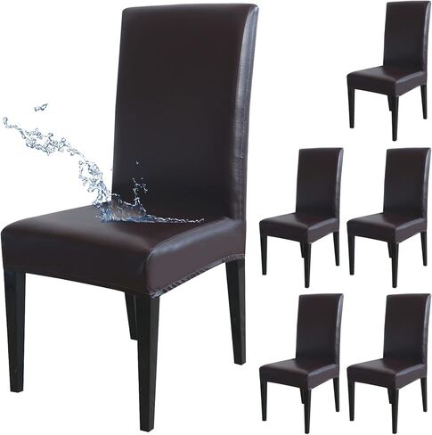 Jusmate Dining Chair Covers, Solid PU Leather Waterproof Oilproof Stretch Dining Chair Slipcover Chair Seat Protector Cover (Brown, 4 Pack) in Kuwait