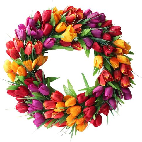 UNIE 20Inch Tulip Wreath Flower Wreaths for Front Door, Spring Silk Wreath with Green Leaves for Window Wall Wedding Valentines Day Decor in Saudi Arabia