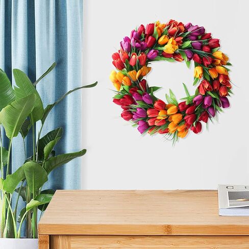 UNIE 20Inch Tulip Wreath Flower Wreaths for Front Door, Spring Silk Wreath with Green Leaves for Window Wall Wedding Valentines Day Decor in Saudi Arabia