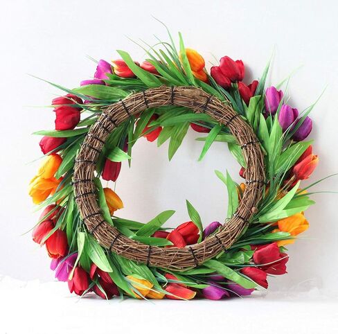 UNIE 20Inch Tulip Wreath Flower Wreaths for Front Door, Spring Silk Wreath with Green Leaves for Window Wall Wedding Valentines Day Decor in Saudi Arabia