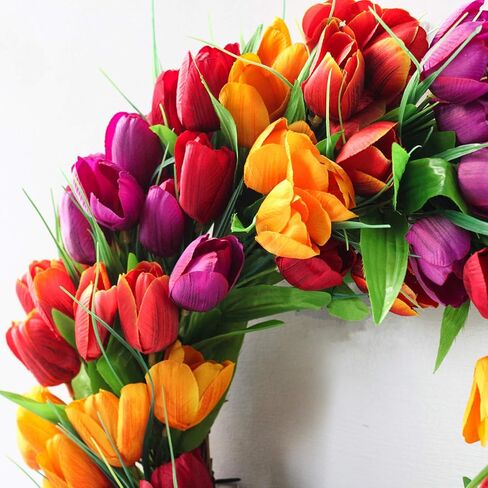 UNIE 20Inch Tulip Wreath Flower Wreaths for Front Door, Spring Silk Wreath with Green Leaves for Window Wall Wedding Valentines Day Decor in Saudi Arabia