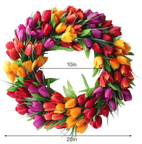 UNIE 20Inch Tulip Wreath Flower Wreaths for Front Door, Spring Silk Wreath with Green Leaves for Window Wall Wedding Valentines Day Decor in Saudi Arabia