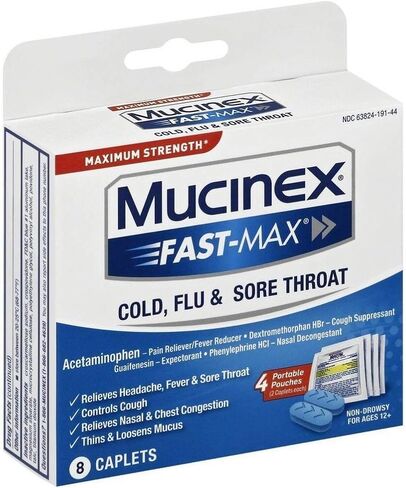 Mucinex Fast max Cold flu Sore Throat caplets, White, 8 Count in Kuwait