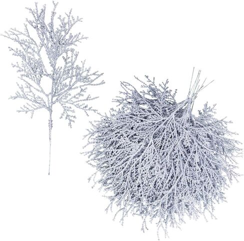 Winlyn 15 Pcs Silver Glitter Artificial Cedar Sprigs Picks Faux Cedar Branches Stems Christmas Tree Picks Sprays 15.4" H for Silver Christmas Tree Wreath Swag Winter Wedding Bouquet Centerpiece Décor in Saudi Arabia