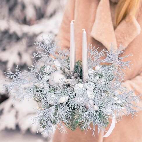 Winlyn 15 Pcs Silver Glitter Artificial Cedar Sprigs Picks Faux Cedar Branches Stems Christmas Tree Picks Sprays 15.4" H for Silver Christmas Tree Wreath Swag Winter Wedding Bouquet Centerpiece Décor in Saudi Arabia