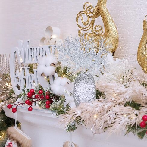 Winlyn 15 Pcs Silver Glitter Artificial Cedar Sprigs Picks Faux Cedar Branches Stems Christmas Tree Picks Sprays 15.4" H for Silver Christmas Tree Wreath Swag Winter Wedding Bouquet Centerpiece Décor in Saudi Arabia