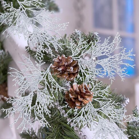 Winlyn 15 Pcs Silver Glitter Artificial Cedar Sprigs Picks Faux Cedar Branches Stems Christmas Tree Picks Sprays 15.4" H for Silver Christmas Tree Wreath Swag Winter Wedding Bouquet Centerpiece Décor in Saudi Arabia