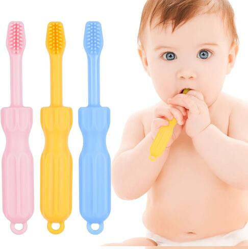 NiBaby 0-6 أشهر 6-12 شهرًا 3 عبوات من ألعاب التسنين المصنوعة من السيليكون للأطفال على شكل فرشاة أسنان ألعاب تسنين للأطفال خالية من مادة BPA وقابلة للتجميد في غسالة الأطباق (وردي/أصفر/أزرق) in Kuwait