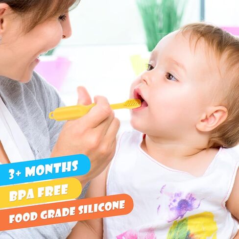 NiBaby 0-6 أشهر 6-12 شهرًا 3 عبوات من ألعاب التسنين المصنوعة من السيليكون للأطفال على شكل فرشاة أسنان ألعاب تسنين للأطفال خالية من مادة BPA وقابلة للتجميد في غسالة الأطباق (وردي/أصفر/أزرق) in Kuwait