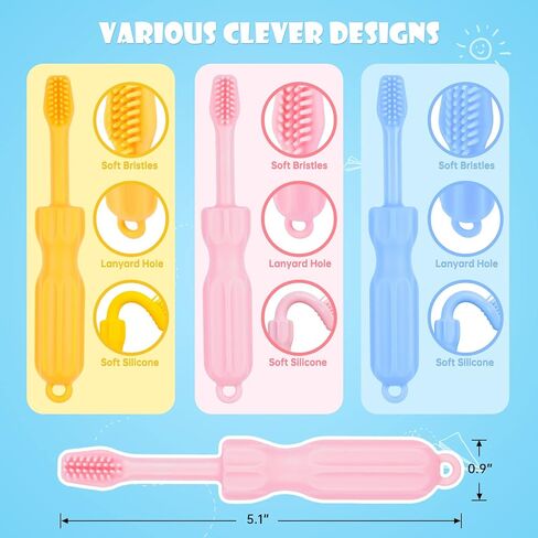 NiBaby 0-6 أشهر 6-12 شهرًا 3 عبوات من ألعاب التسنين المصنوعة من السيليكون للأطفال على شكل فرشاة أسنان ألعاب تسنين للأطفال خالية من مادة BPA وقابلة للتجميد في غسالة الأطباق (وردي/أصفر/أزرق) in Kuwait