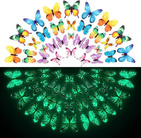 96 قطعة من ملصقات الحائط على شكل فراشات تتوهج في الظلام لتزيين السقف، ملصقات جدارية مضيئة ثلاثية الابعاد قابلة للازالة لغرفة نوم الاطفال والحضانة وغرفة المعيشة وديكور المنزل والحديقة، متعددة الالوان in Kuwait