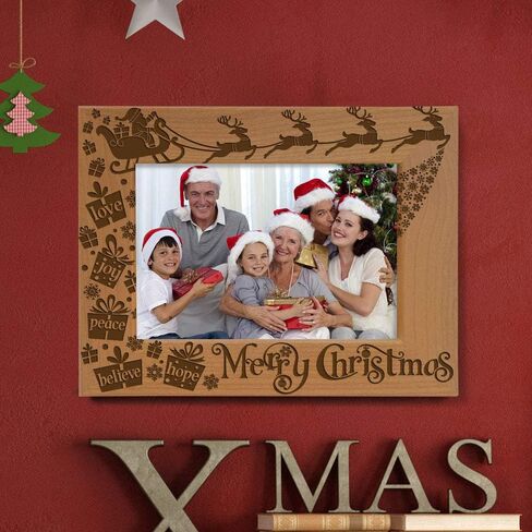 KATE POSH Merry Christmas Love Peace Joy Believe Hope، إطار صورة عائلي سحري لعيد الميلاد. ديكور سانتا والرنة والمزلقة. إطار صور من الخشب الطبيعي محفور (أفقي 5 × 7) in Saudi Arabia