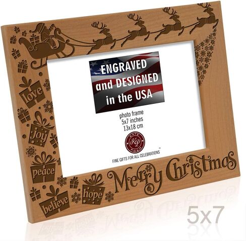KATE POSH Merry Christmas Love Peace Joy Believe Hope، إطار صورة عائلي سحري لعيد الميلاد. ديكور سانتا والرنة والمزلقة. إطار صور من الخشب الطبيعي محفور (أفقي 5 × 7) in Saudi Arabia