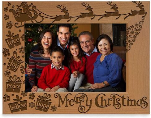 KATE POSH Merry Christmas Love Peace Joy Believe Hope، إطار صورة عائلي سحري لعيد الميلاد. ديكور سانتا والرنة والمزلقة. إطار صور من الخشب الطبيعي محفور (أفقي 5 × 7) in Saudi Arabia