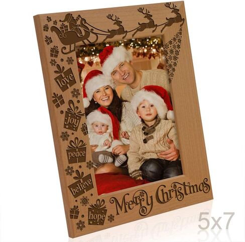 KATE POSH Merry Christmas Love Peace Joy Believe Hope، إطار صورة عائلي سحري لعيد الميلاد. ديكور سانتا والرنة والمزلقة. إطار صور من الخشب الطبيعي محفور (أفقي 5 × 7) in Saudi Arabia