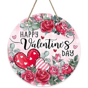 Bolisom سعيد عيد الحب زهرة الورد علامة الباب الأمامي، الوردي الأحمر القلب الأزهار منقوشة الخشب باب شماعات في الهواء الطلق ديكور الشرفة الخارجية، الذكرى السنوية الزفاف إكليل خشبي داخلي الجدار شنقا الديكور in Kuwait