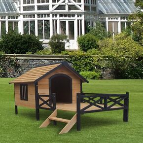Lifeand 67''L Outdoor Large Wooden Cabin House Style Wooden Dog Kennel with Porch in Kuwait