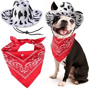 Yewong Pet Cowboy Costume Accessories Dog Cat Cow Print Cowboy Hat Bandana Scarf Western Cowboy Party Supplier for Puppy Kitten (Set C) One Size