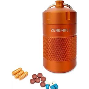 منظم حبوب محمول من خليط معدني من الالومنيوم مقاوم للماء مع سلسلة مفاتيح للرياضات الخارجية والتخييم والمشي لمسافات طويلة والسفر، 1.2×1.2×2.2 انش (قطعة واحدة، برتقالي) in Kuwait