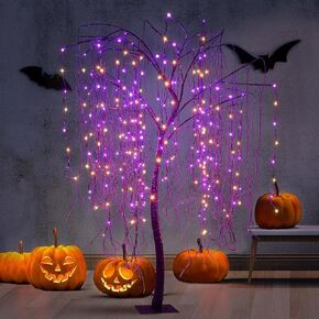 7 FT Halloween Lighted Willow Tree 256 LED Orange Lights Artificial Weeping Willow Tree with 6 Spiders Outdoor Indoor Decoration Christmas Festival Decor