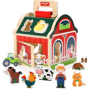 Atoylink Wooden Farm Toys for Toddlers 1 2 3 Year Old Take Along Matching Sorting Barn Farm Animals Playset Preschool Learning Educational Toy for Kids Boys Girls in Kuwait
