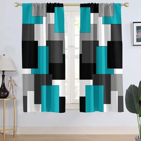AAtter Blue and Black Window Curtains for Kitchen Navy White Grey Gray Abstract Geometric Small Short Home Living Room Bedroom Bathroom Drapes Treatment Tiers Fabric 1 Pair, 27.5" W x 39" L, Modern in Kuwait