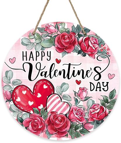 Bolisom سعيد عيد الحب زهرة الورد علامة الباب الأمامي، الوردي الأحمر القلب الأزهار منقوشة الخشب باب شماعات في الهواء الطلق ديكور الشرفة الخارجية، الذكرى السنوية الزفاف إكليل خشبي داخلي الجدار شنقا الديكور in Kuwait
