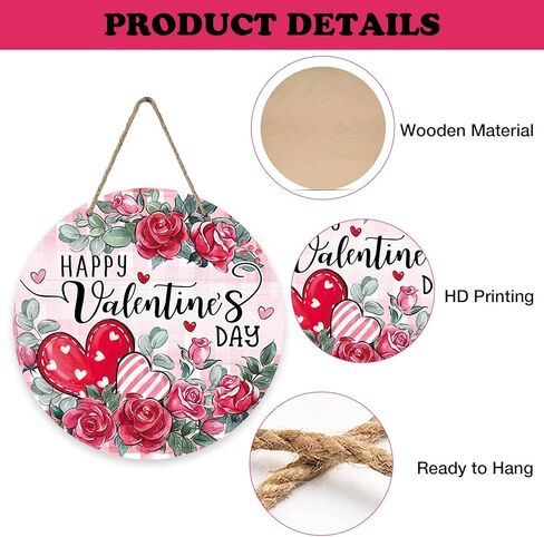 Bolisom سعيد عيد الحب زهرة الورد علامة الباب الأمامي، الوردي الأحمر القلب الأزهار منقوشة الخشب باب شماعات في الهواء الطلق ديكور الشرفة الخارجية، الذكرى السنوية الزفاف إكليل خشبي داخلي الجدار شنقا الديكور in Kuwait