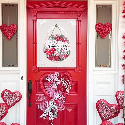 Bolisom سعيد عيد الحب زهرة الورد علامة الباب الأمامي، الوردي الأحمر القلب الأزهار منقوشة الخشب باب شماعات في الهواء الطلق ديكور الشرفة الخارجية، الذكرى السنوية الزفاف إكليل خشبي داخلي الجدار شنقا الديكور in Kuwait
