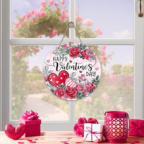 Bolisom سعيد عيد الحب زهرة الورد علامة الباب الأمامي، الوردي الأحمر القلب الأزهار منقوشة الخشب باب شماعات في الهواء الطلق ديكور الشرفة الخارجية، الذكرى السنوية الزفاف إكليل خشبي داخلي الجدار شنقا الديكور in Kuwait