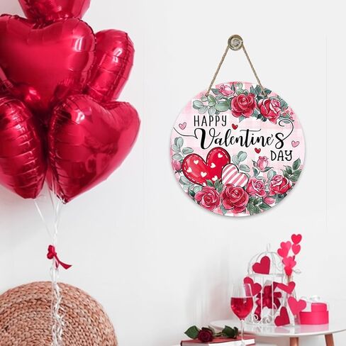 Bolisom سعيد عيد الحب زهرة الورد علامة الباب الأمامي، الوردي الأحمر القلب الأزهار منقوشة الخشب باب شماعات في الهواء الطلق ديكور الشرفة الخارجية، الذكرى السنوية الزفاف إكليل خشبي داخلي الجدار شنقا الديكور in Kuwait