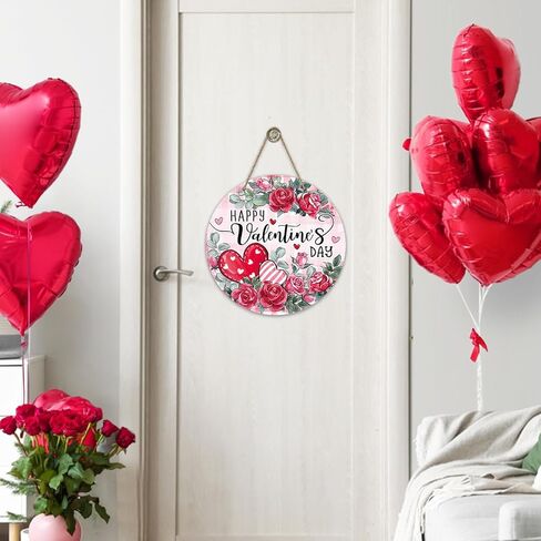 Bolisom سعيد عيد الحب زهرة الورد علامة الباب الأمامي، الوردي الأحمر القلب الأزهار منقوشة الخشب باب شماعات في الهواء الطلق ديكور الشرفة الخارجية، الذكرى السنوية الزفاف إكليل خشبي داخلي الجدار شنقا الديكور in Kuwait