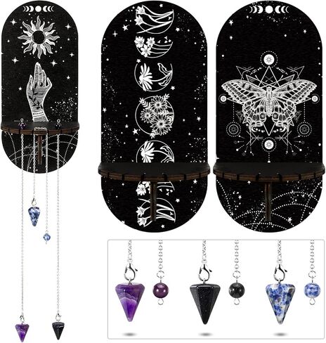 Queekay 3 Pieces Small Crystal Shelf Display Black Butterfly Magical Boho Hand Stars Shelf Witch Stuff Wooden Moon Phases Crystal Holder Stand with 3 Pieces Crystals Stone in Saudi Arabia