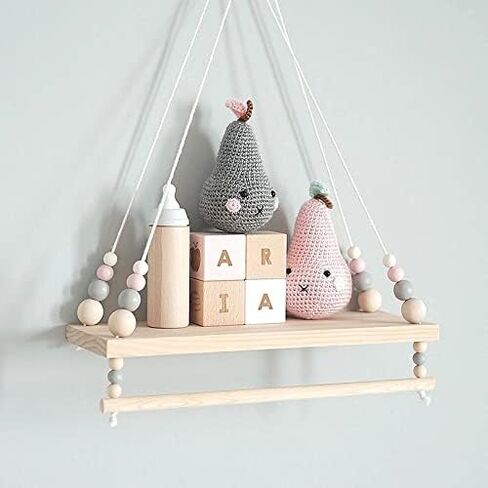SayasNoy Macrame رف معلق على الحائط، أرفف معلقة للجدار، رف جدار للديكور للأطفال في غرفة النوم مع خرز خشبي، رف عائم لغرفة النوم، غرفة المعيشة، ديكور الممر (وردي) in Kuwait