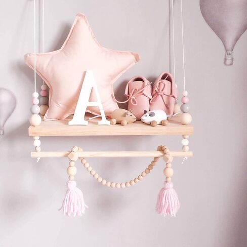 SayasNoy Macrame رف معلق على الحائط، أرفف معلقة للجدار، رف جدار للديكور للأطفال في غرفة النوم مع خرز خشبي، رف عائم لغرفة النوم، غرفة المعيشة، ديكور الممر (وردي) in Kuwait