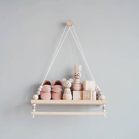 SayasNoy Macrame رف معلق على الحائط، أرفف معلقة للجدار، رف جدار للديكور للأطفال في غرفة النوم مع خرز خشبي، رف عائم لغرفة النوم، غرفة المعيشة، ديكور الممر (وردي) in Kuwait