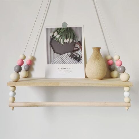 SayasNoy Macrame رف معلق على الحائط، أرفف معلقة للجدار، رف جدار للديكور للأطفال في غرفة النوم مع خرز خشبي، رف عائم لغرفة النوم، غرفة المعيشة، ديكور الممر (وردي) in Kuwait