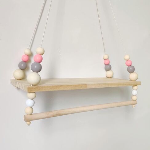 SayasNoy Macrame رف معلق على الحائط، أرفف معلقة للجدار، رف جدار للديكور للأطفال في غرفة النوم مع خرز خشبي، رف عائم لغرفة النوم، غرفة المعيشة، ديكور الممر (وردي) in Kuwait