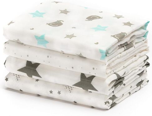 CuddleBug Muslin Baby Swaddle Blankets, Cotton 4-Pack, Starry Nights | Soft Breathable Weave for newborns 0-3 months, generous 47x47 size for stroller cover or burp cloth, an easy shower gift in Saudi Arabia