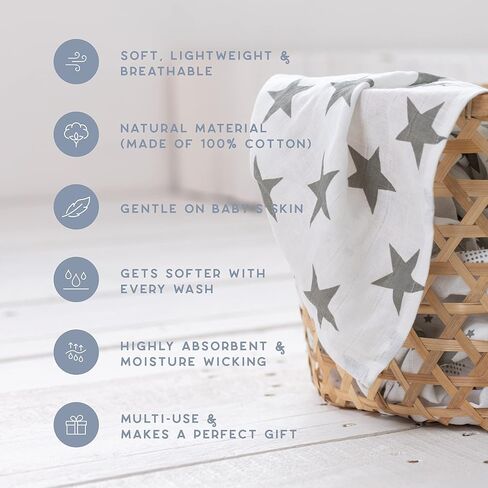 CuddleBug Muslin Baby Swaddle Blankets, Cotton 4-Pack, Starry Nights | Soft Breathable Weave for newborns 0-3 months, generous 47x47 size for stroller cover or burp cloth, an easy shower gift in Saudi Arabia