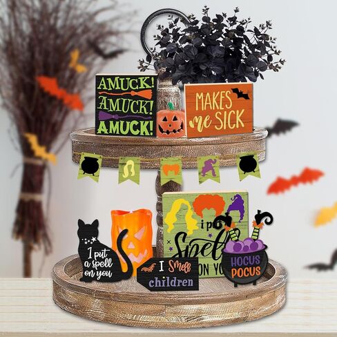 Benwanfee 11 Pieces Happy Halloween Tiered Tray Decor Hocus Pocus Witches Theme Wooden Signs Halloween Rustic Farmhouse Decor for Halloween Table Tier Tray Home Room Decor in Kuwait