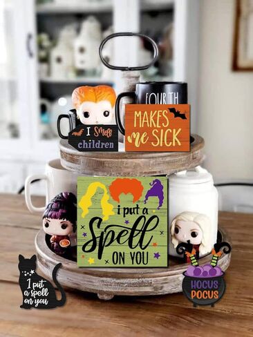 Benwanfee 11 Pieces Happy Halloween Tiered Tray Decor Hocus Pocus Witches Theme Wooden Signs Halloween Rustic Farmhouse Decor for Halloween Table Tier Tray Home Room Decor in Kuwait