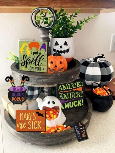 Benwanfee 11 Pieces Happy Halloween Tiered Tray Decor Hocus Pocus Witches Theme Wooden Signs Halloween Rustic Farmhouse Decor for Halloween Table Tier Tray Home Room Decor in Kuwait
