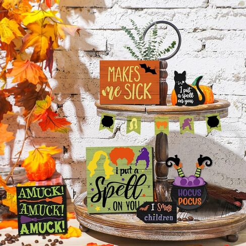Benwanfee 11 Pieces Happy Halloween Tiered Tray Decor Hocus Pocus Witches Theme Wooden Signs Halloween Rustic Farmhouse Decor for Halloween Table Tier Tray Home Room Decor in Kuwait