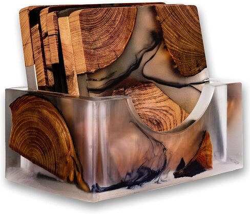 Wooden Coasters Set, Epoxy Coasters, Modern Coasters with Holder, Cedar Wood Coaster (4, Add Holder) in Saudi Arabia